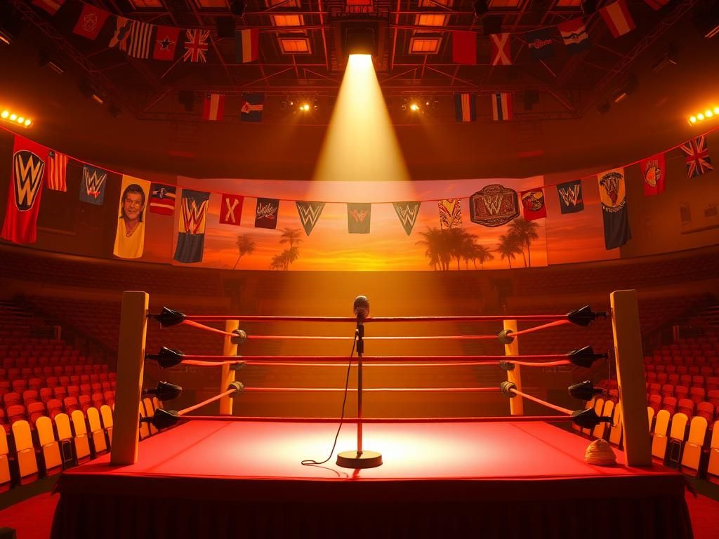 Flick International A professional wrestling ring in an empty arena illuminated by warm golden lights