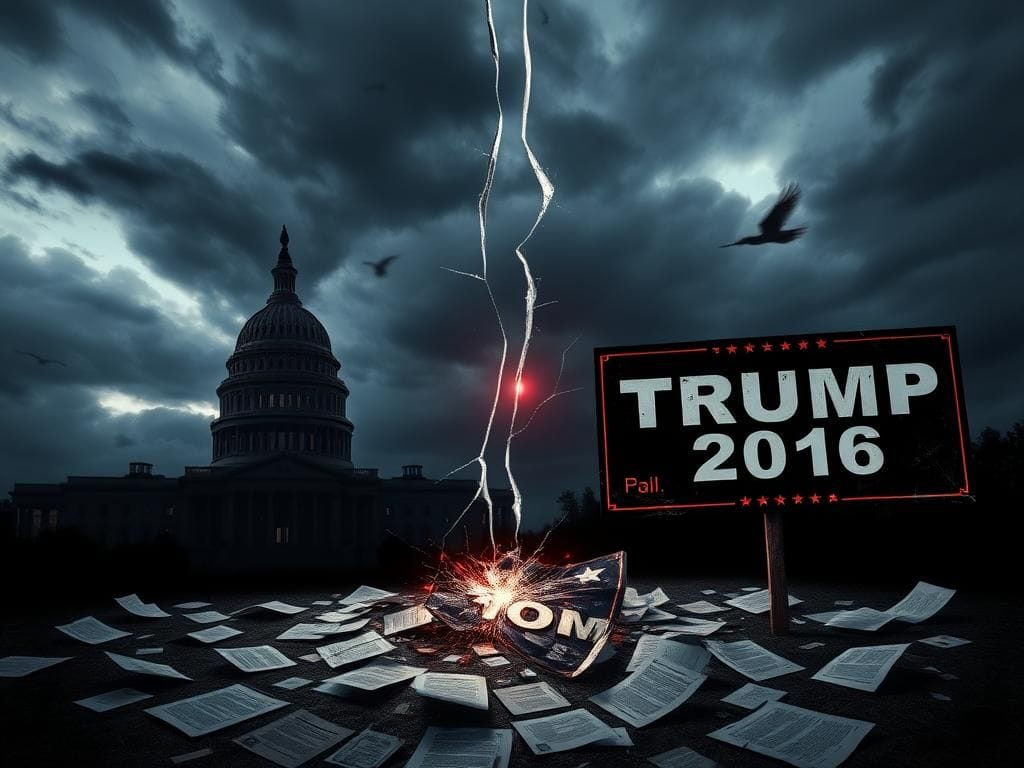 Flick International A symbolic representation of division in politics with a cracked glass pane and a disheveled Trump 2016 campaign sign