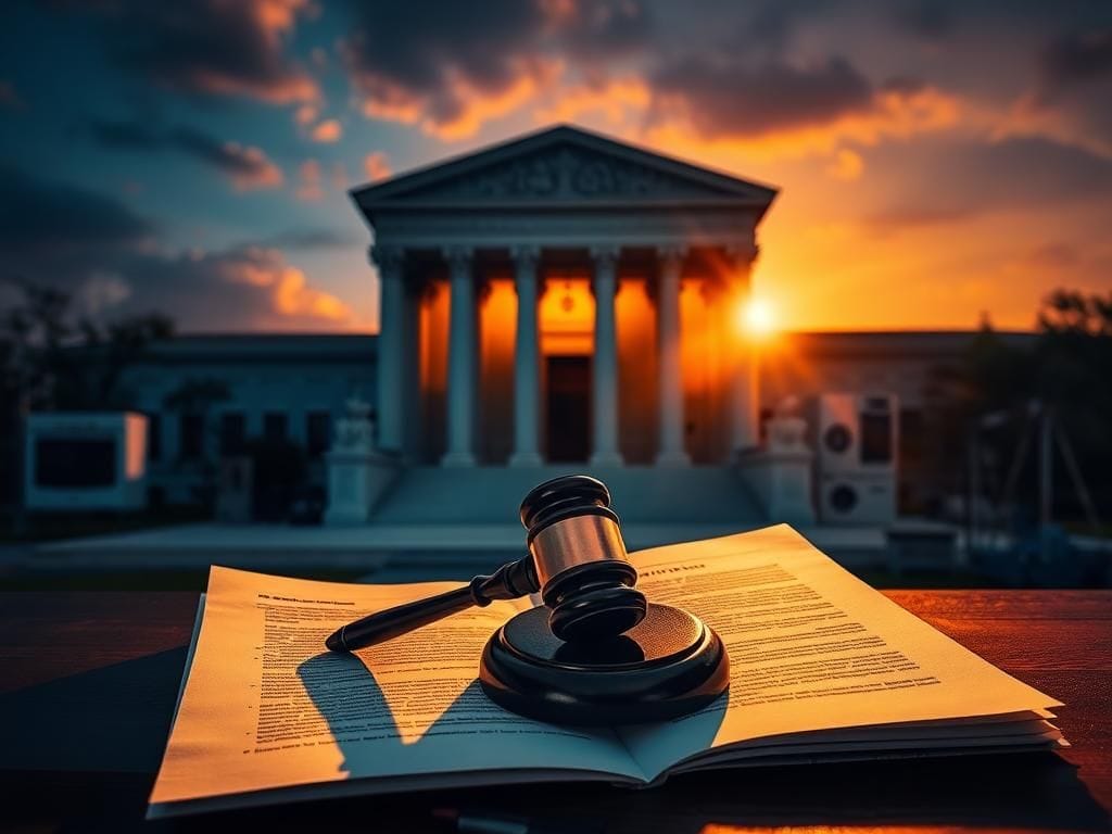 Flick International Dramatic scene of the Supreme Court building at sunset with a gavel and legal documents