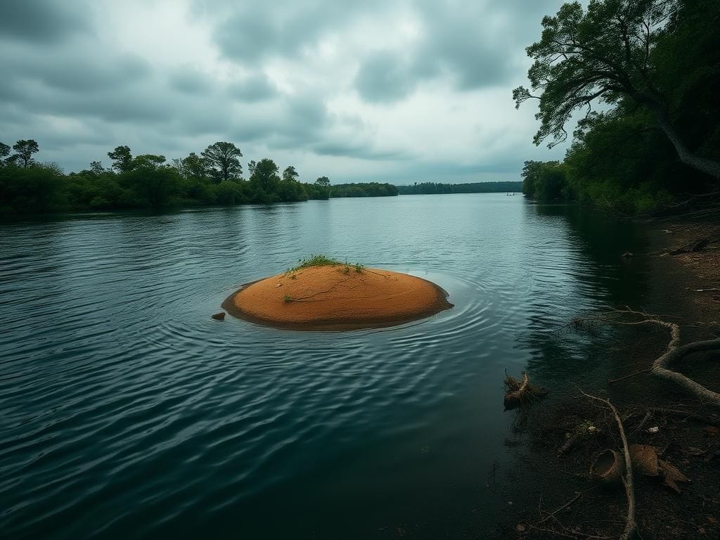 Flick International Tranquil scene of the Mississippi River with a secluded sandbar surrounded by vegetation