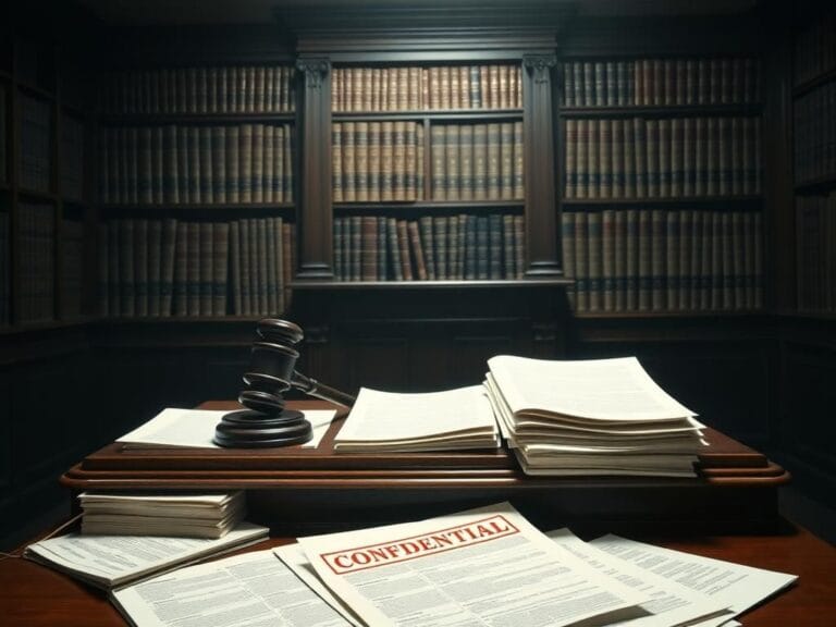 Flick International Somber courtroom scene with wooden judge's desk and unsealed documents