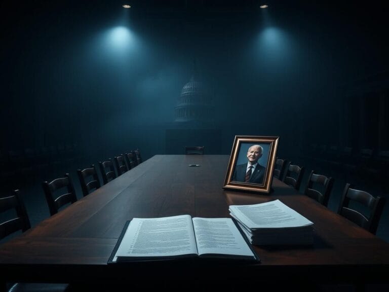 Flick International Darkened room with wooden table and empty chairs symbolizing serious inquiry