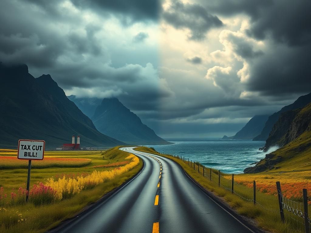 Flick International A powerful landscape symbolizing the tension in American politics, with a contrasting winding road between vibrant fields and a stormy sea.