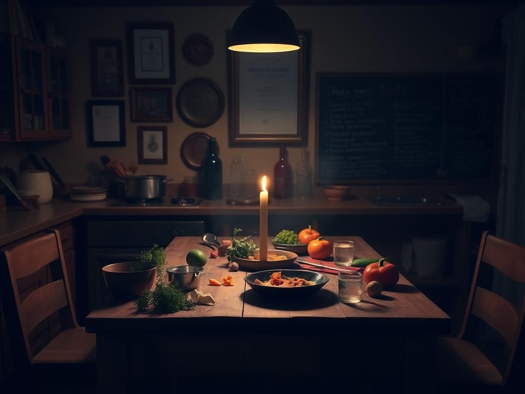 Flick International Dimly lit kitchen with rustic wooden table, cooking utensils, and vibrant ingredients symbolizing Anne Burrell's culinary legacy