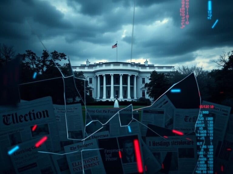 Flick International A chaotic representation of American political division with a shattered glass overlay and distorted headlines.