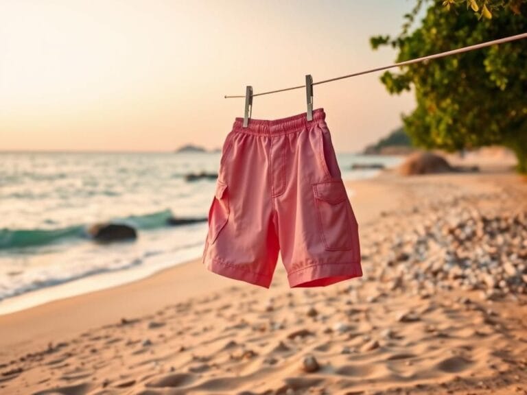 Flick International Brightly colored Bermuda shorts hanging on a clothesline in a tranquil Mediterranean beach setting