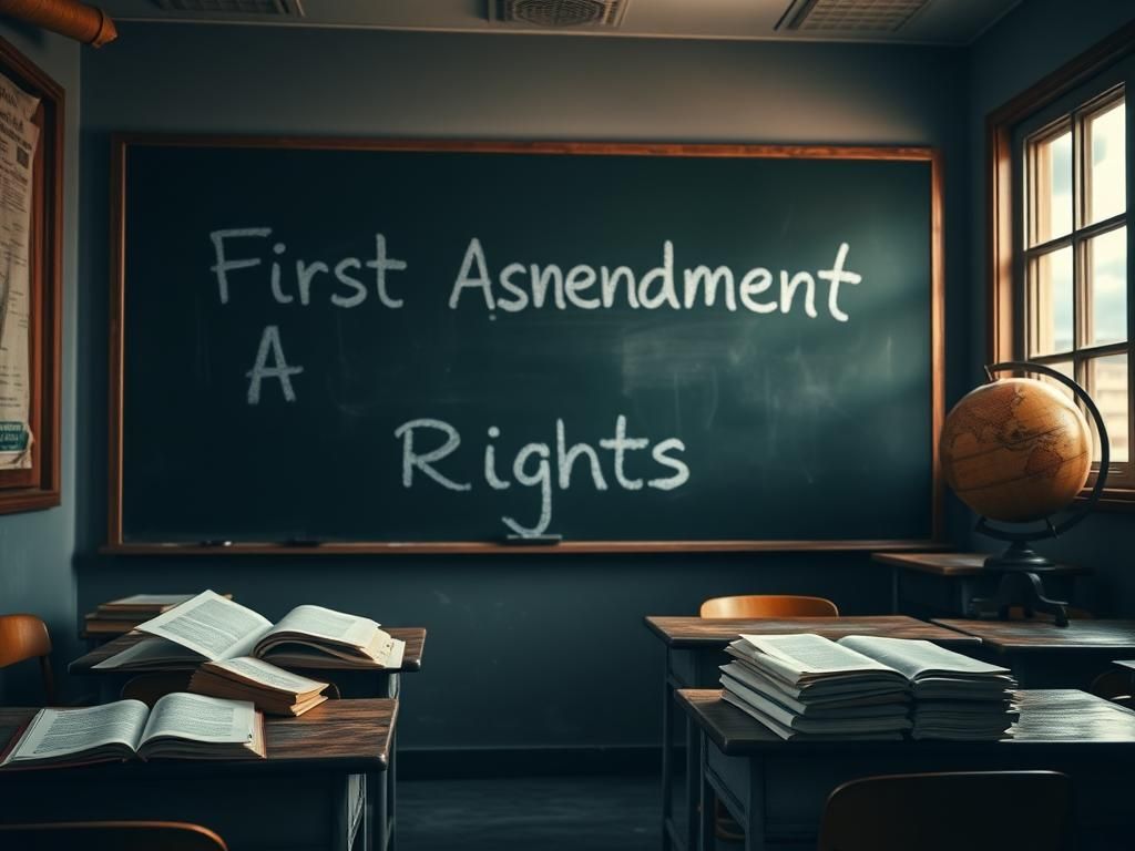 Flick International Classroom scene illustrating the complexities of free speech with a chalkboard that reads 'First Amendment Rights'