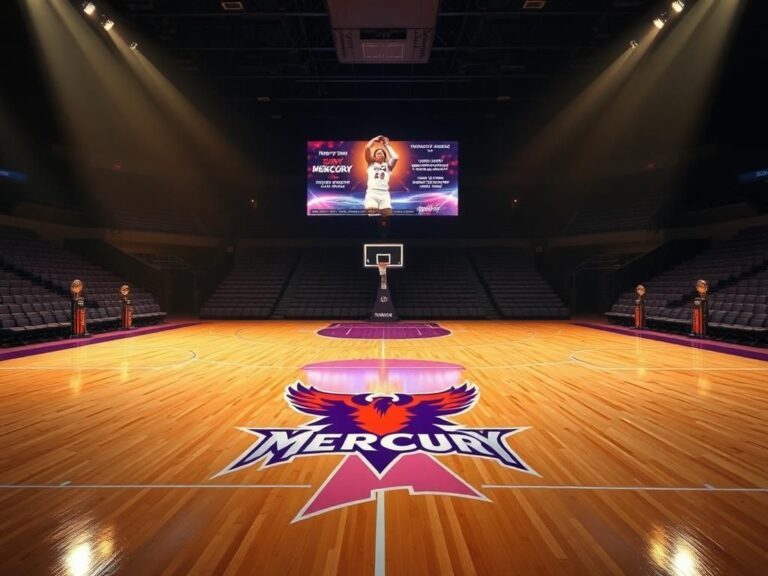 Flick International A basketball court with the Phoenix Mercury logo, illuminated in tribute to Brittney Griner during her return.