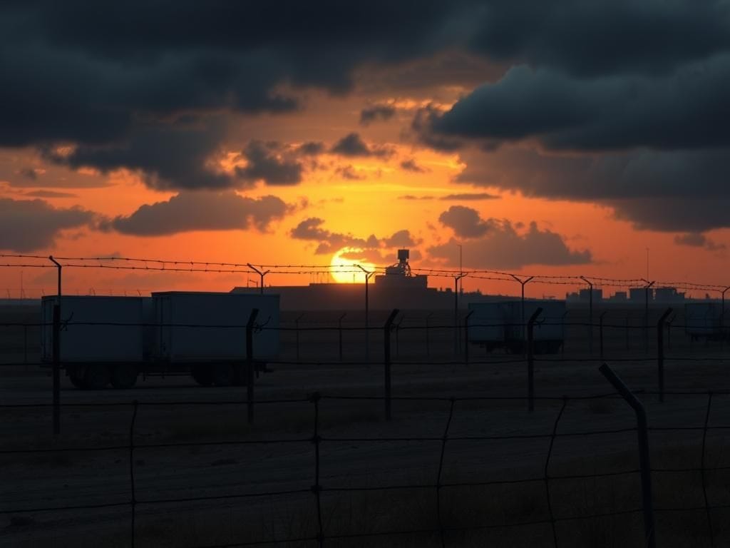 Flick International Sunset scene at the Israel-Gaza border showing barbed wire and idle humanitarian aid trucks