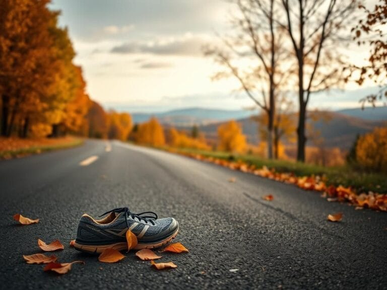 Flick International Abandoned running shoes on a winding road surrounded by autumn colors