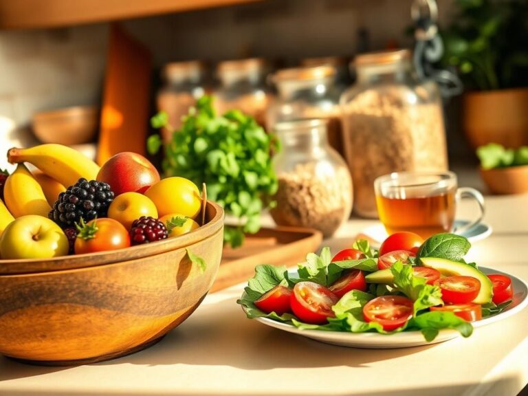 Flick International A serene kitchen countertop adorned with colorful, wholesome foods including fruits and a vibrant salad.