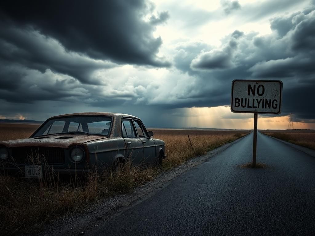 Flick International Dramatic landscape with an abandoned car symbolizing the consequences of bullying