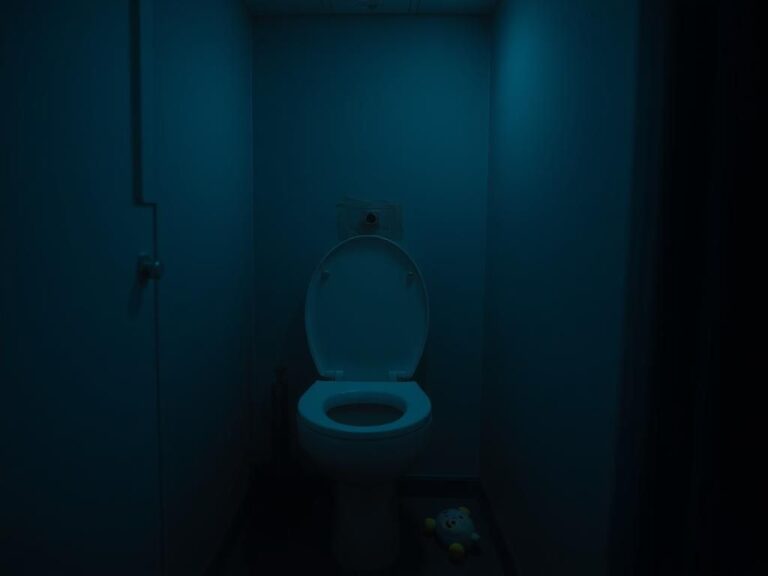 Flick International A dimly lit airplane bathroom stall with a hidden camera discreetly taped to the wall