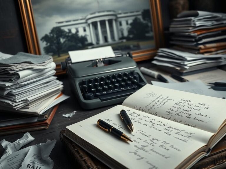 Flick International A weathered desk cluttered with a typewriter and stacks of pages representing Biden's memoir writing process