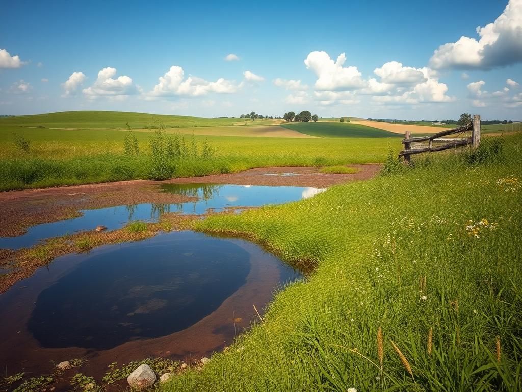 Flick International Tranquil wetland landscape with vibrant grasses and wildflowers reflecting a serene atmosphere