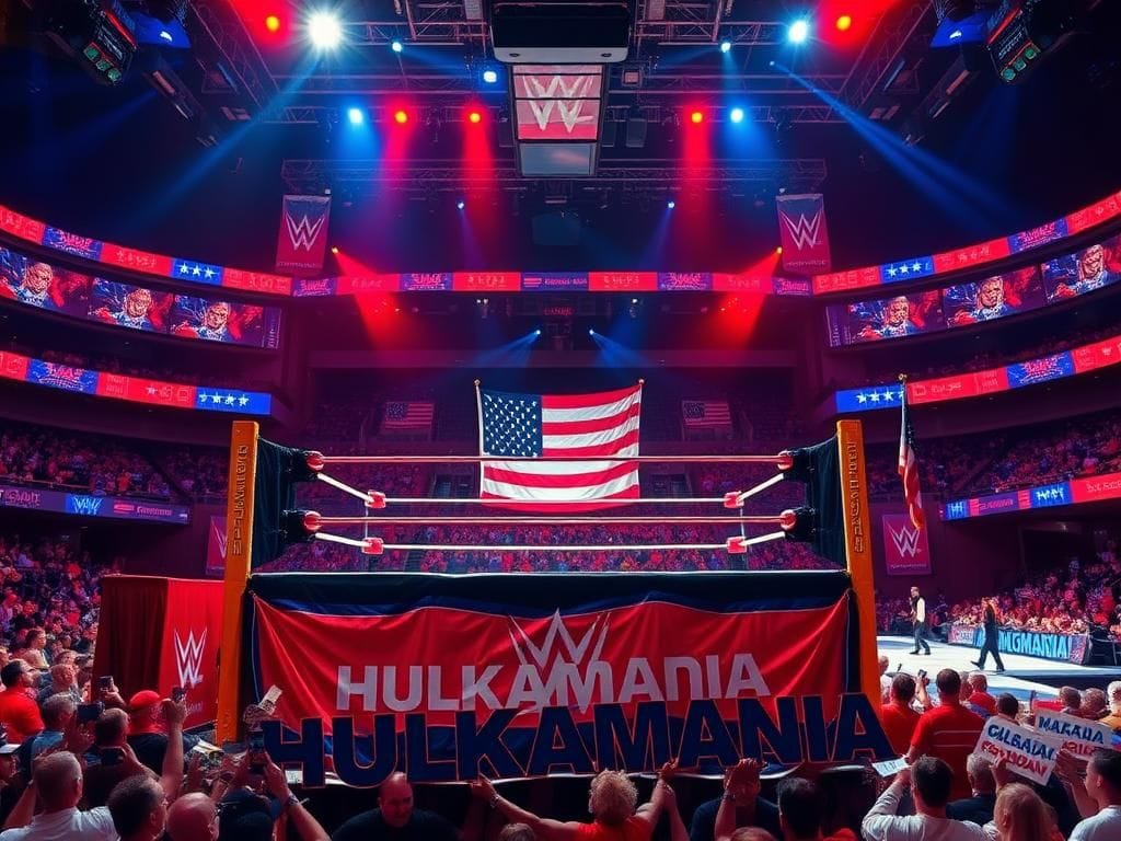 Flick International A dramatic empty wrestling ring illuminated with spotlights, representing the legacy of Hulk Hogan.
