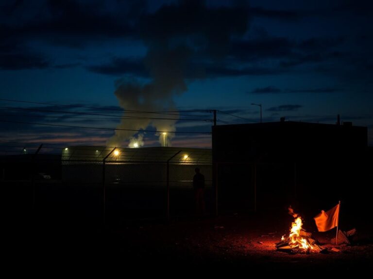 Flick International Dramatic scene of a federal immigration enforcement facility at dusk, featuring a barbed-wire fence and flickering lights.