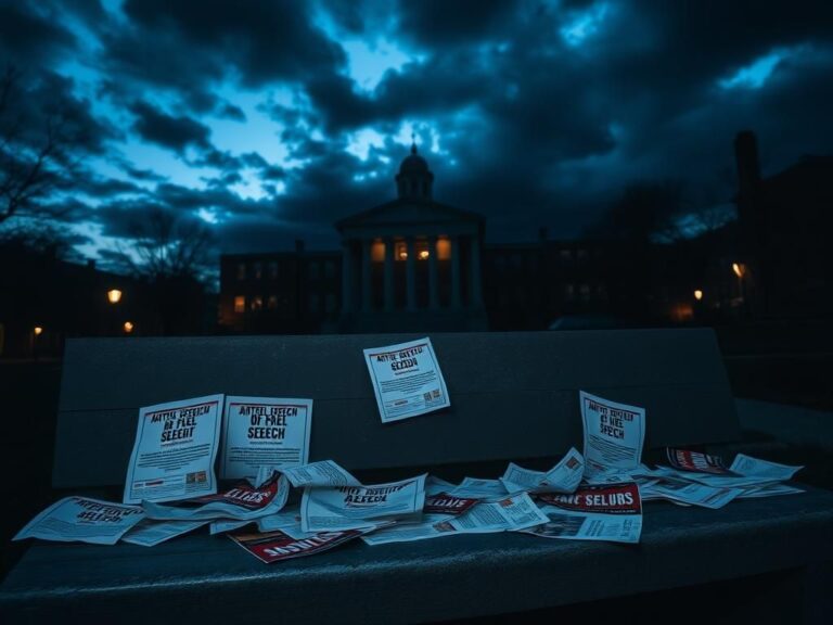 Flick International University campus at dusk with anti-Semitic flyers