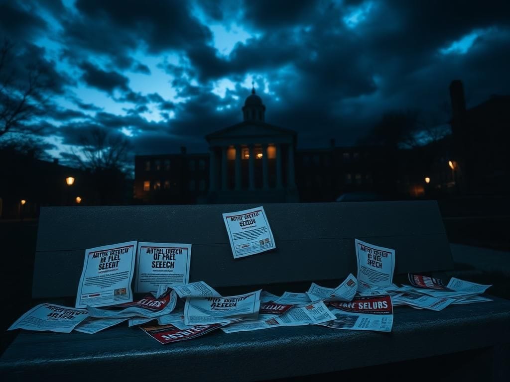 Flick International University campus at dusk with anti-Semitic flyers