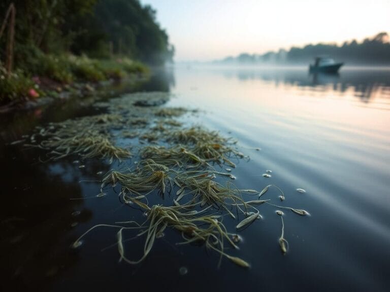 Flick International Serene scene of the Mississippi River at dawn with duckweed and a distant fishing boat