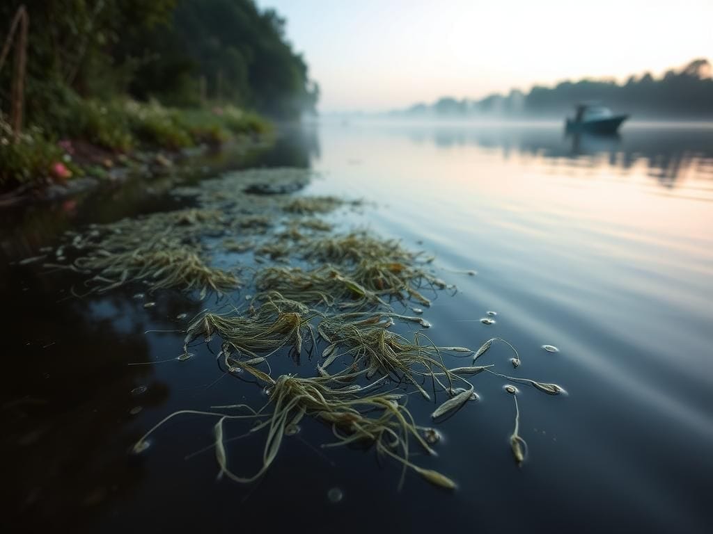 Flick International Serene scene of the Mississippi River at dawn with duckweed and a distant fishing boat