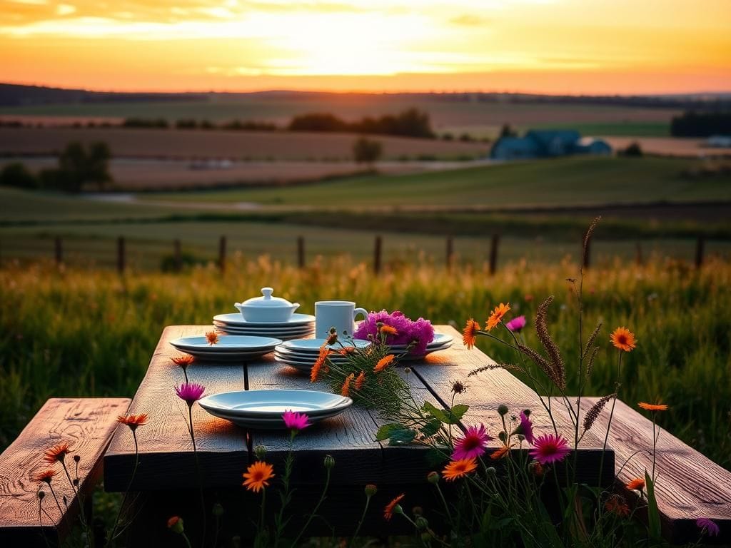 Flick International Serene Wisconsin landscape at sunset with a picnic table and vibrant wildflowers