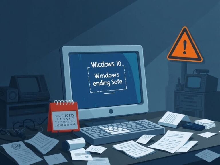 Flick International Digital illustration of an aging Windows 10 computer with a warning message about support ending on October 14, 2025.