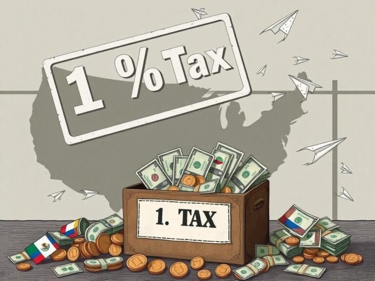 Flick International Illustration of a vintage cash transfer box overflowing with bills from multiple countries, symbolizing the impact of a remittance tax on international money transfers.
