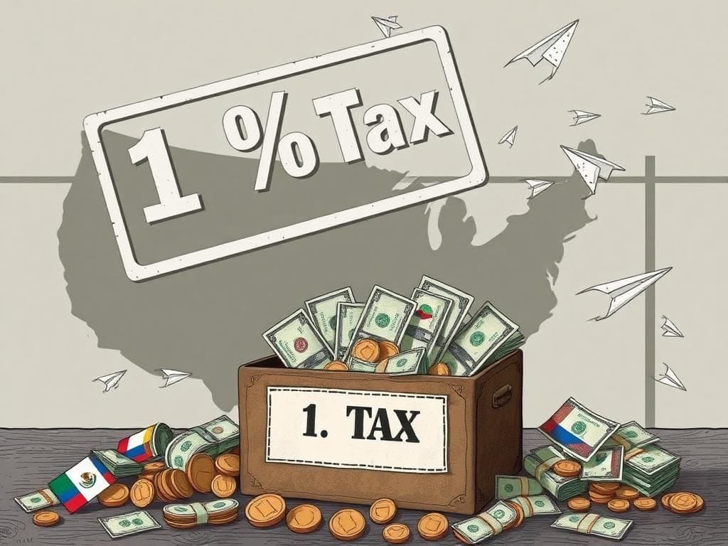 Flick International Illustration of a vintage cash transfer box overflowing with bills from multiple countries, symbolizing the impact of a remittance tax on international money transfers.