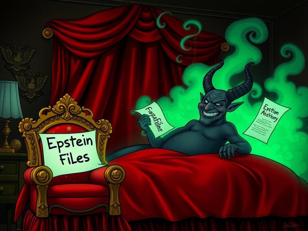 Flick International Surreal depiction of a satirical bedroom scene featuring a comically exaggerated throne and a cartoonish figure of Satan.