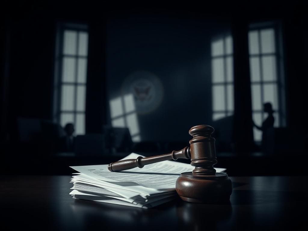 Flick International A dark courtroom scene with a gavel and legal documents, symbolizing political decisions and justice.