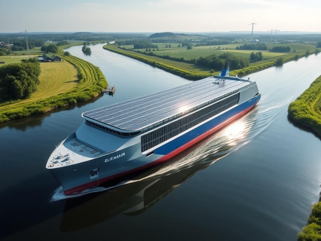Flick International Hybrid solar cargo ship Blue Marlin navigating through a serene German canal