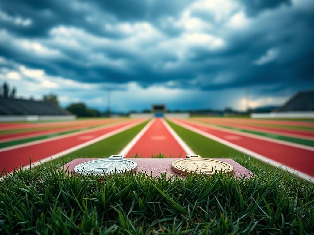 Flick International Close-up of trampled grass on a high school track podium representing protest and tension in sports