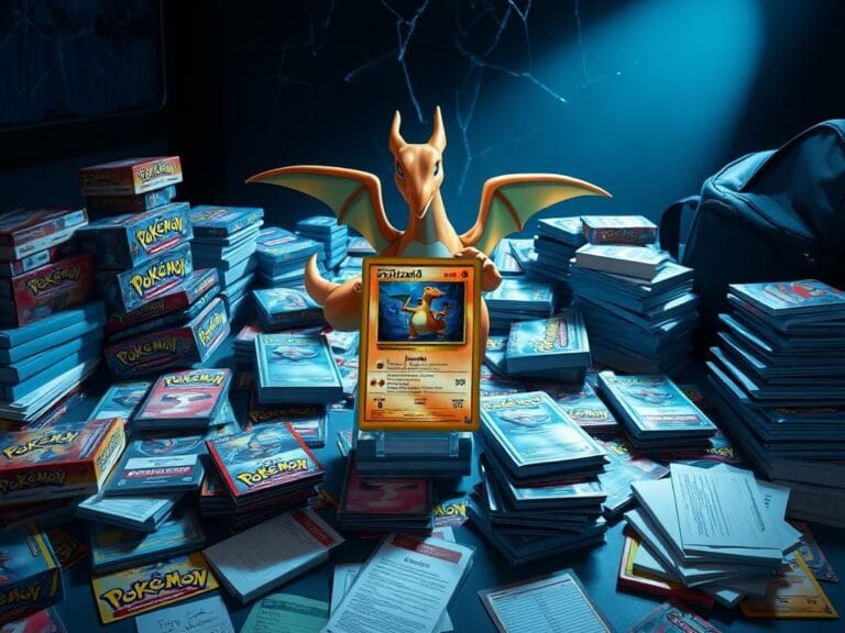 Flick International Cluttered table with various rare Pokémon cards, featuring a 1999 Charizard 1st Edition in the center