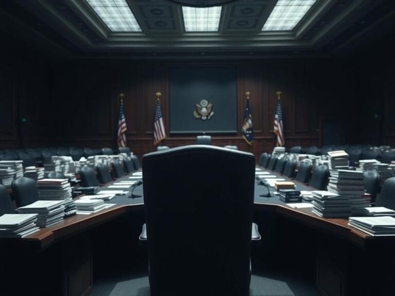 Flick International Dimly lit government hearing room with an unoccupied chair representing Ron Klain's absence