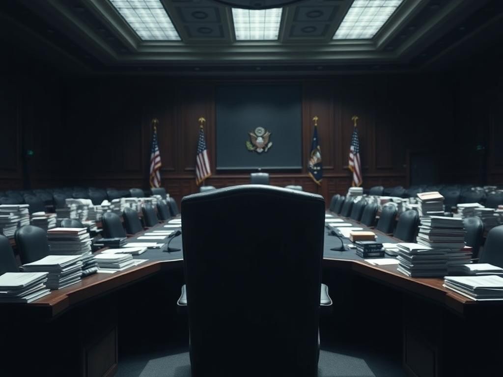 Flick International Dimly lit government hearing room with an unoccupied chair representing Ron Klain's absence