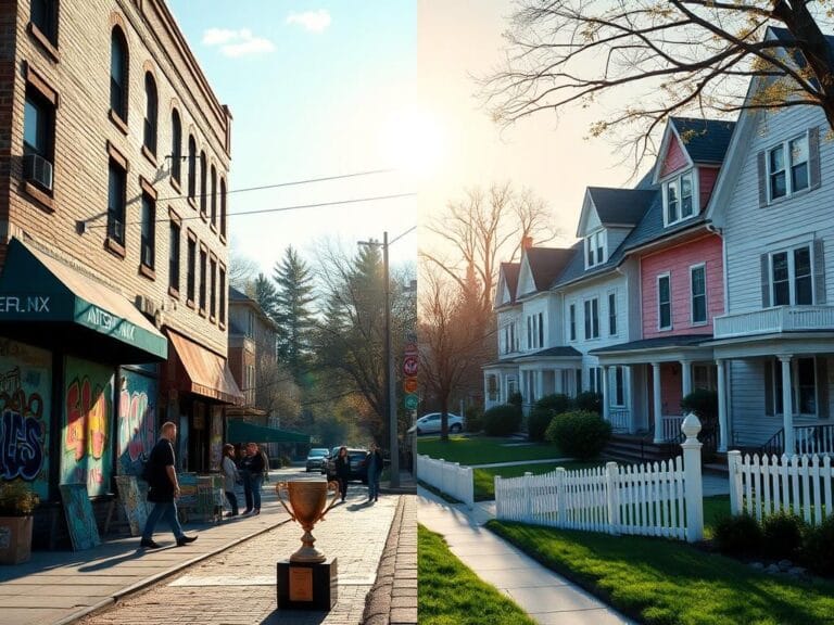 Flick International A split scene contrasting the vibrant urban landscape of the Bronx with the serene suburban neighborhood of Yorktown