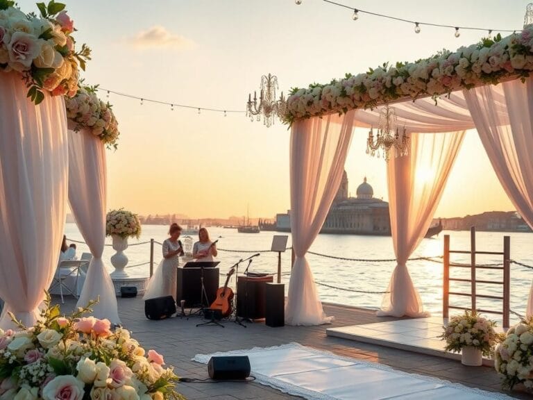 Flick International Lavish outdoor wedding scene with elegant decorations and musical stage in Venice, Italy