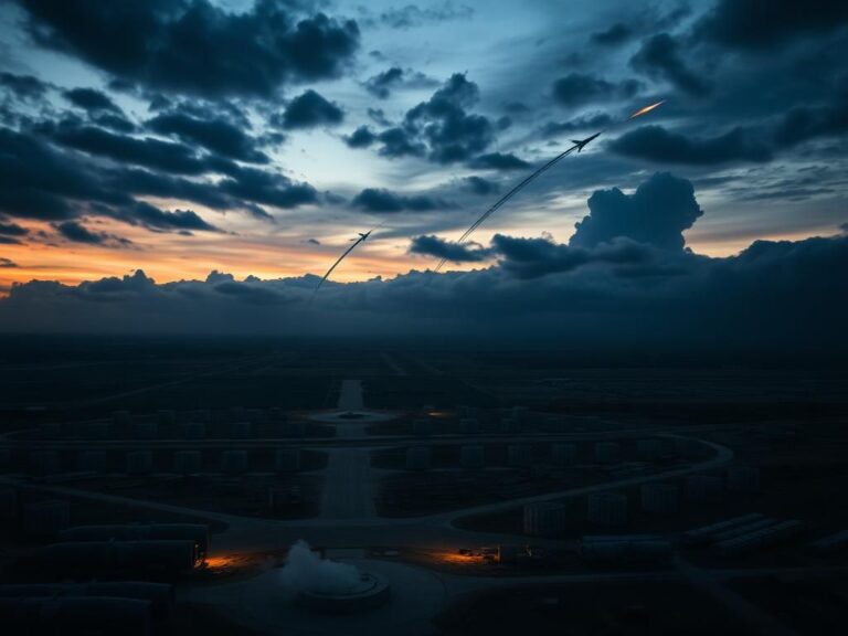 Flick International Dramatic aerial view of a military base at dusk with missile silos and launch pads