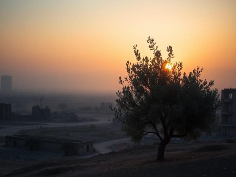 Flick International Serene olive tree symbolizing peace amidst a desolate Gaza landscape