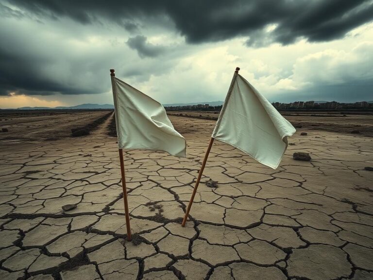 Flick International Aerial view of a barren landscape symbolizing conflict with a faded white flag amidst cracked earth