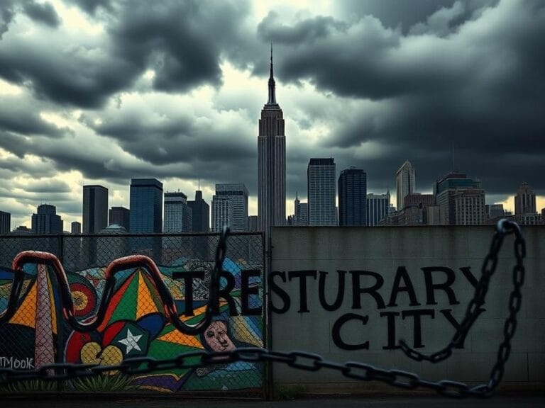 Flick International New York City skyline with storm clouds and chain-link fence representing immigration conflict