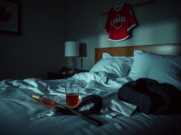 Flick International A dimly lit hotel room representing a scene of confusion and tension related to the acquittal of Canadian hockey players.