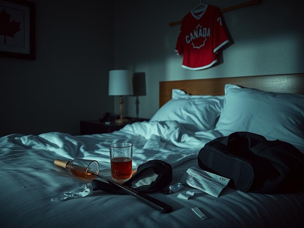 Flick International A dimly lit hotel room representing a scene of confusion and tension related to the acquittal of Canadian hockey players.