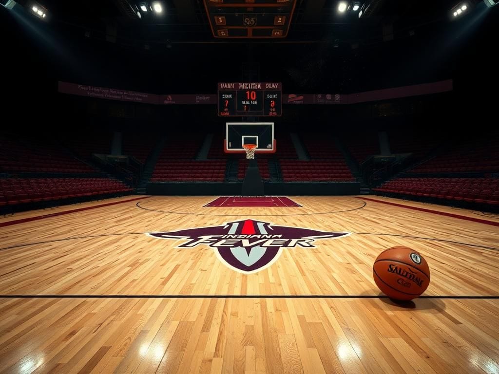 Flick International Empty basketball court featuring the Indiana Fever logo at center with worn wooden floors