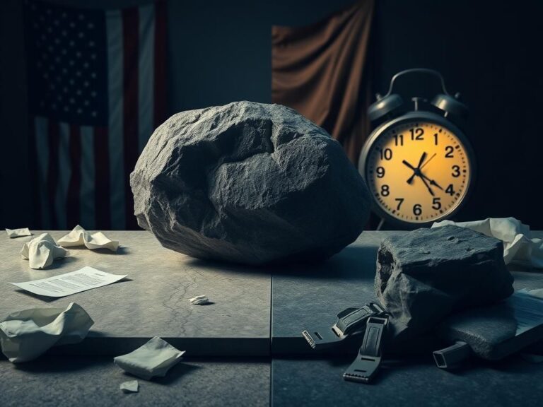 Flick International A split scene depicting the tension in a government setting, featuring a heavy rock and a dim light source