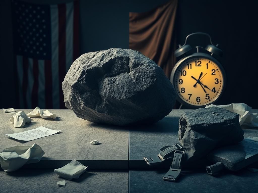 Flick International A split scene depicting the tension in a government setting, featuring a heavy rock and a dim light source