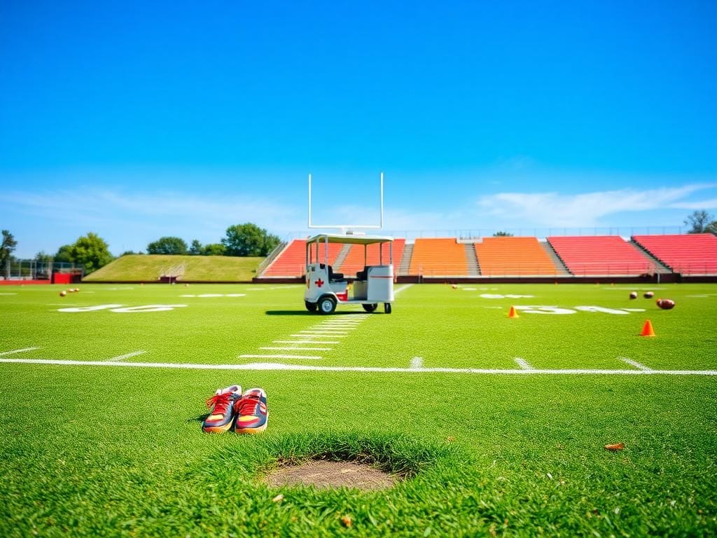 Flick International Medical cart on a vibrant football practice field with disturbed grass and athletic shoes signifying a player's injury incident.