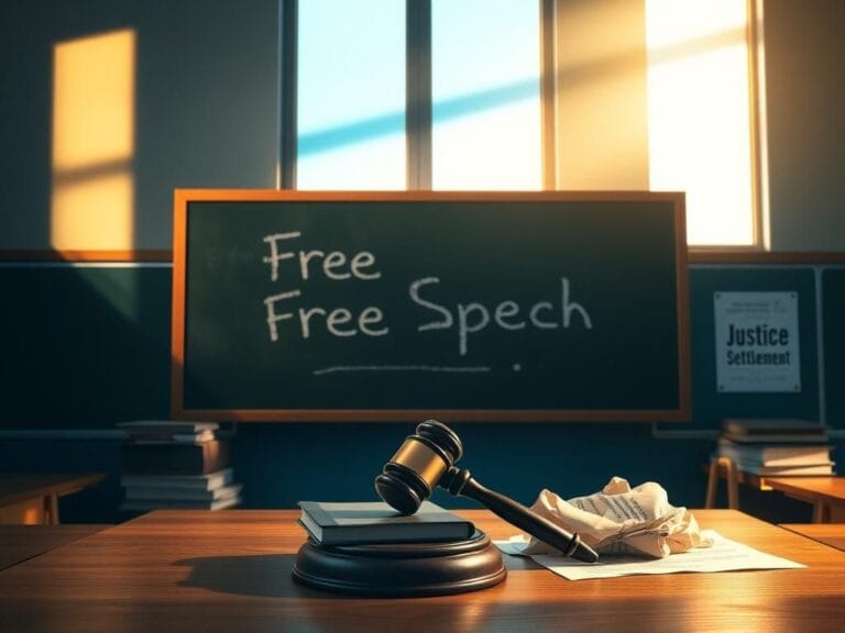 Flick International A symbolic high school classroom with a chalkboard reading 'Free Speech' and a legal gavel on textbooks.