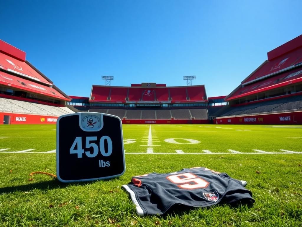 Flick International Empty football field with a weight scale and discarded jersey symbolizing rookie weight issues